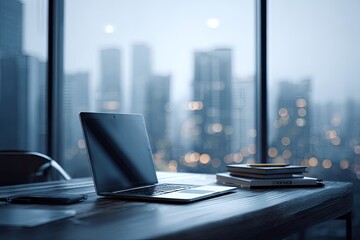 Laptop on desk with city view, modern office workspace.