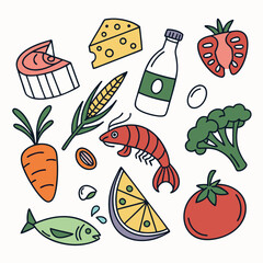 Food stickers set. Colorful icons with dairy and meat products, vegetables and fruits, seafood and bakery. Healthy lifestyle concept. Cartoon flat vector collection isolated on white .