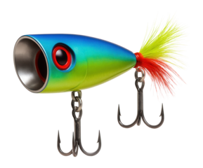 Colorful popper lure with a concave face and feathered tail for freshwater bass fishing