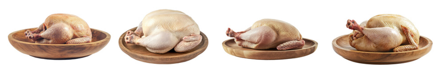 Collection of chickens on wooden plates, displayed from various angles and arrangements, PNG, isolated on transparent background.