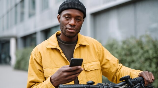 Man holding phone while sitting on bicycle. - Powered by Adobe