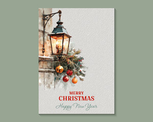 Watercolor Christmas card with vintage lantern glowing warm light, decorated with fir branches, red ornaments and snow, festive holiday street scene. Vector illustration. © Daria