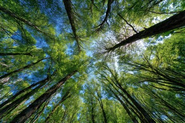 Lush forest canopy viewed from below. Sunlight filters through verdant leaves. Tall trees rise towards a vibrant blue sky