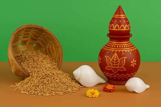 Traditional Bengali decorations for Kojagori Lakshmi Puja, a red clay pot with beautiful patterns and conch shells with a basket of paddy rice on a two-toned background
