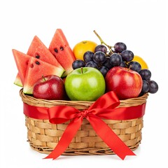 Festive fruit basket tied with red ribbon containing watermelon apples grapes on white