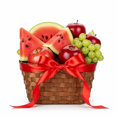 Festive fruit basket tied with red ribbon containing watermelon apples grapes on white