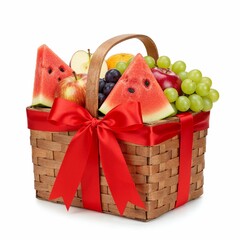 Festive fruit basket tied with red ribbon containing watermelon apples grapes on white