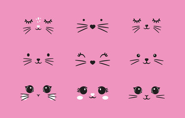 Minimalist Cat Face Line Art Design cute kitten. Cute white bunny easter cartoon kit set. Collection of design objects: ears, faces, different emotions, tummies, eyes, mustaches, noses isolated
