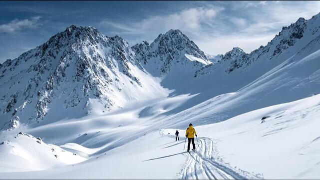 Skiing in snowy mountains