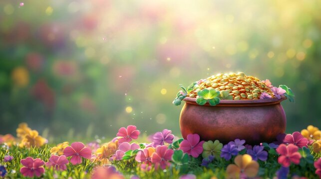 A pot of gold nestled amongst vibrant spring flowers