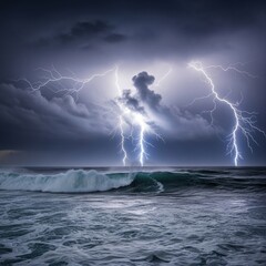Dramatic lightning strikes over ocean waves during a powerful thunderstorm at night