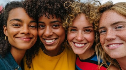 Fototapeta premium A group of four people posing together outdoors during summer.