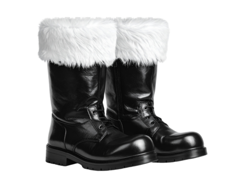 Realistic Santa Boots with White Fur Trim, Front View, isolated on transparent background PNG
