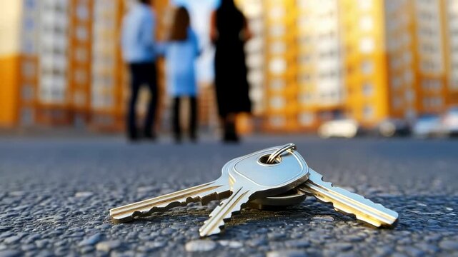 Keys on the ground as people walk by in a busy urban area