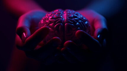 Close-up hands holding a glowing digital ai brain with neon red and blue studio lighting