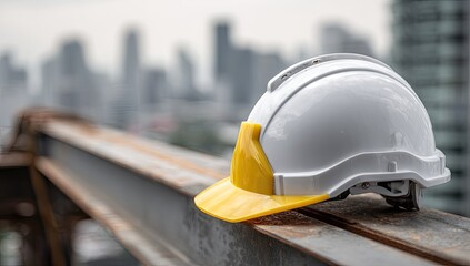 Construction workers white safety helmet with yellow visor on a wooden beam.