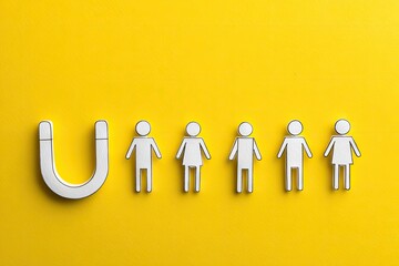 Attracting People - Magnet and Human Figures on Yellow Background.