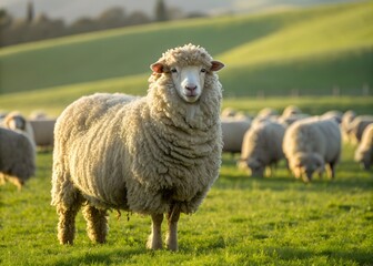 Obraz premium Award winning merino sheep stands proudly in the foreground, its thick fleece catching the sunlight, while the rest of the flock follows closely behind on a sunny day