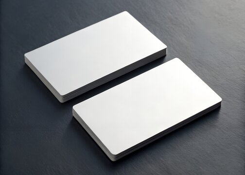 Two blank business cards rest on a dark surface, reflecting light and showcasing a minimalist design. - Powered by Adobe