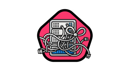 Server rack with tangled cables in a vibrant pink border.