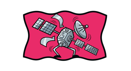 Satellite with solar panels and antenna on a red wavy background.