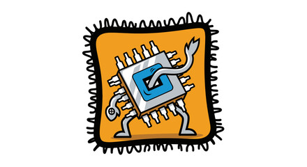Cartoon computer chip character dancing with personality.
