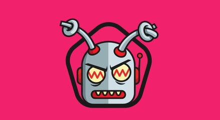 Angry robot head with antennas and glowing eyes illustration.
