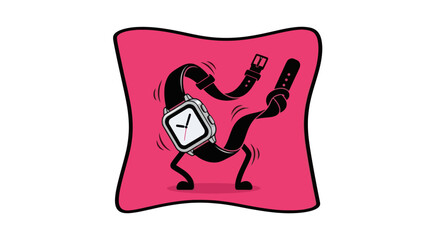 Animated wristwatch dancing on a pink cushion.