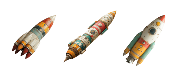 Set of three colorful vintage-style rockets with distinct designs, featuring various patterns and colors, PNG, isolated on transparent background.