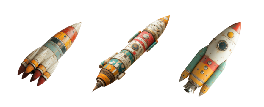 Set of three colorful vintage-style rockets with distinct designs, featuring various patterns and colors, PNG, isolated on transparent background.