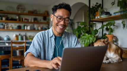 Man working on laptop at home.
