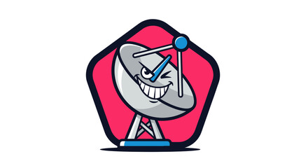 Cartoon Satellite Dish with Mischievous Expression in Red Frame.