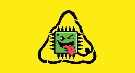 Malicious Chip Cartoon Character with Tongue Out on Yellow Background.