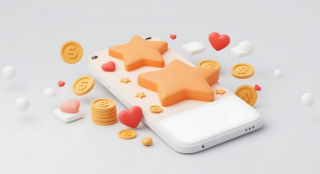 Phone with Stars Coins and Hearts Mobile Gaming and Rewards Program Loyalty Points System and Online Banking App with Positive User Feedback