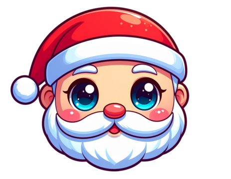 Cute Kawaii Santa Face with Smiling Expression, Cartoon Holiday Style, isolated on transparent background PNG