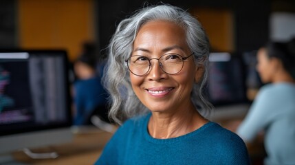 Older woman standing in front of computer monitors in an office environment.