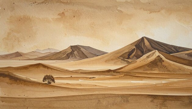 Abstract Beige Landscape with Mountainous Peaks and Distant Hills in Watercolor Style with Soft Lighting