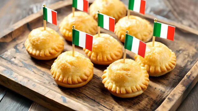 Italian puff pastry mini pies with small Italy flags gently moving on rustic wooden tray, golden baked appetizers animated with cinematic camera pan and warm light reflections for gourmet food concept