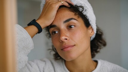 Woman with curly hair, hand on head, reflection in mirror.