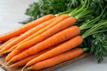 Close-up of fresh, bright orange carrots piled together with green leafy tops partially visible, showcasing natural texture and vibrant color