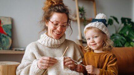 Obraz premium Woman and child knitting together at home.