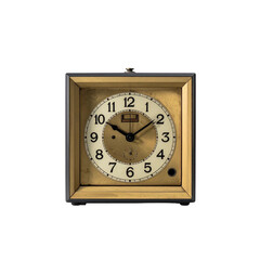 A vintage metallic square alarm clock with an aged face and classic black hands on a Transparent Background