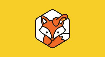 Cute cartoon fox in a hexagon shape orange and white colors simple design focused on the fox character.