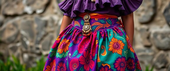 Vibrant patterned skirt, ruffled blouse, ornate jewelry, headscarf, design, fashion