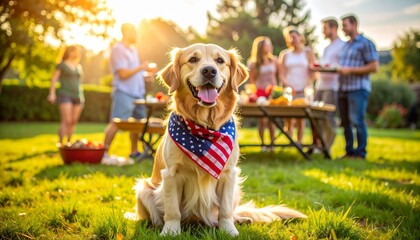 Golden retriever in US bandana at backyard barbecue, joyful scene of holiday celebration and community.
