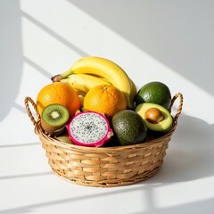 Healthy lifestyle basket with bananas dragon fruit avocado and kiwi on white background