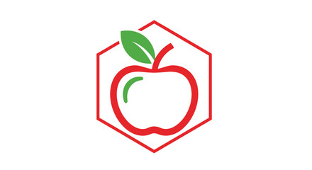 Stylized red apple logo design within a geometric hexagon shape.