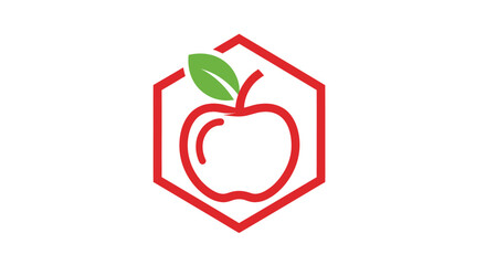 Red Apple with Green Leaf in Hexagon.