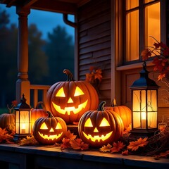 Halloween Jack O’Lantern Pumpkins with Lanterns and Autumn Leaves on Porch at Night