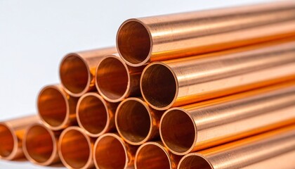 Stacked copper pipes in triangular formation, showcasing industrial symmetry and metallic warmth.
